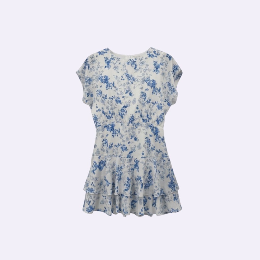 Sugarlips Blue White Floral Tiered Ruffle Mini Dress L